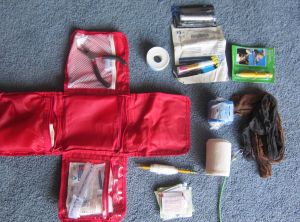 Dog first aid kit ( incl. vet wrap,pliers,superglue, pencil, duct tape,bandages,pantyhose for muzzle,antiseptics)
